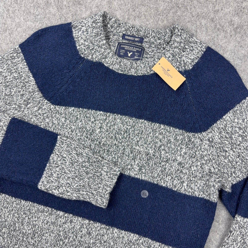 American Eagle Sweater Mens XS Navy Gray Striped Crewneck Wool Blend NWT